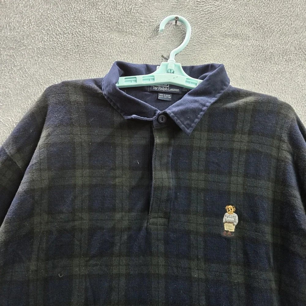 VINTAGE Polo Ralph Lauren Men Polo XL Navy‎ Bear Embroidery Plaid Blackwatch 90s